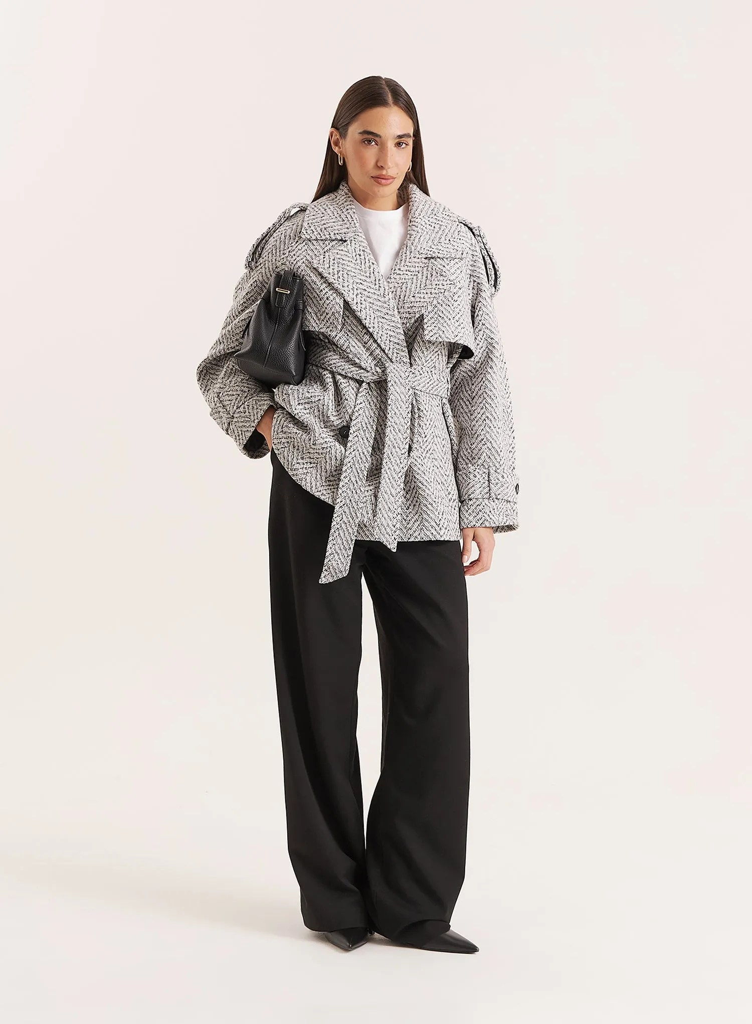 Light Grey Marl Belted Trench Coat sold by 4th and Reckless product image thumbnail 4