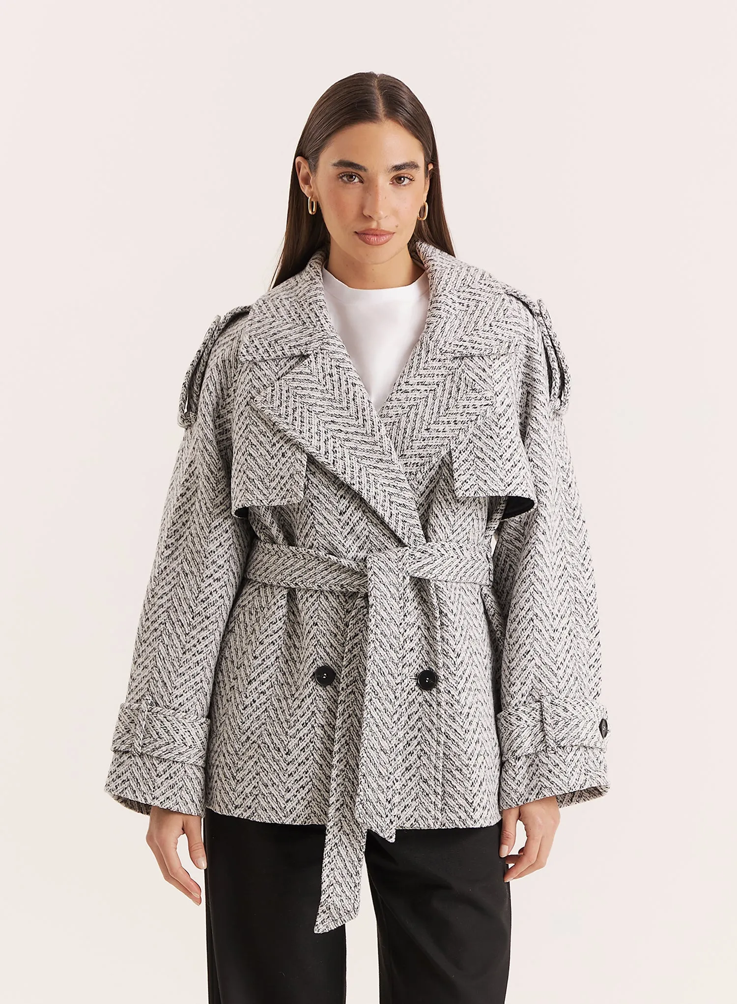 Light Grey Marl Belted Trench Coat sold by 4th and Reckless