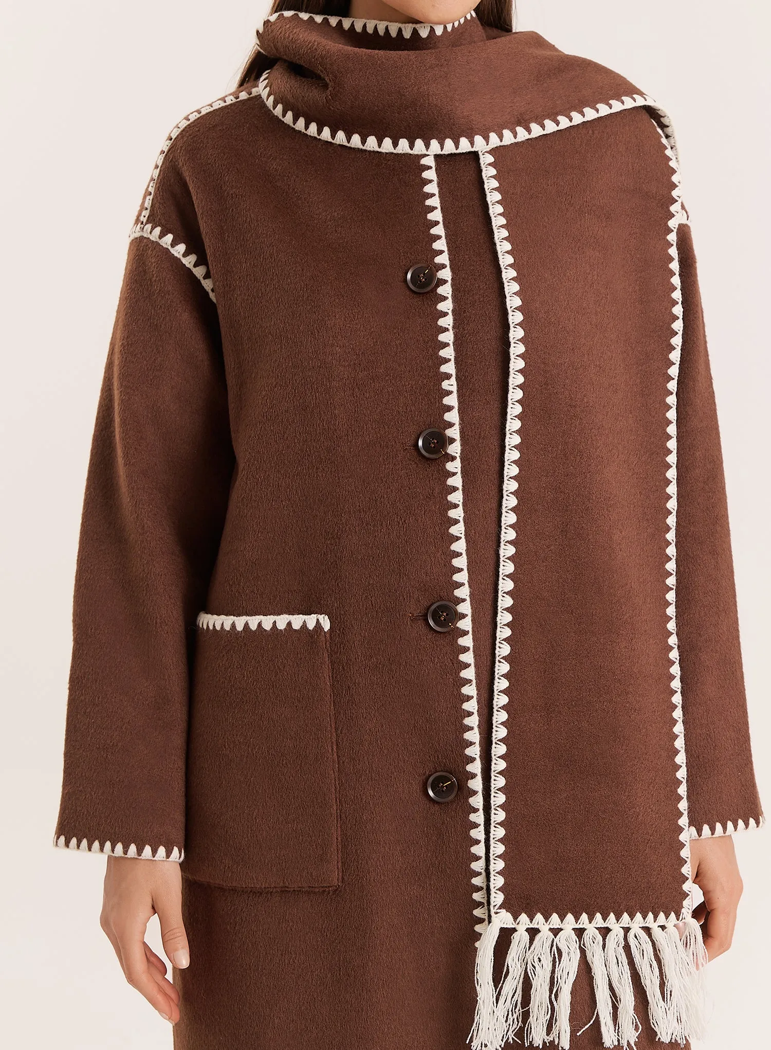 Chocolate Contrast Stitch Longline Scarf Coat sold by 4th and Reckless product image thumbnail 3