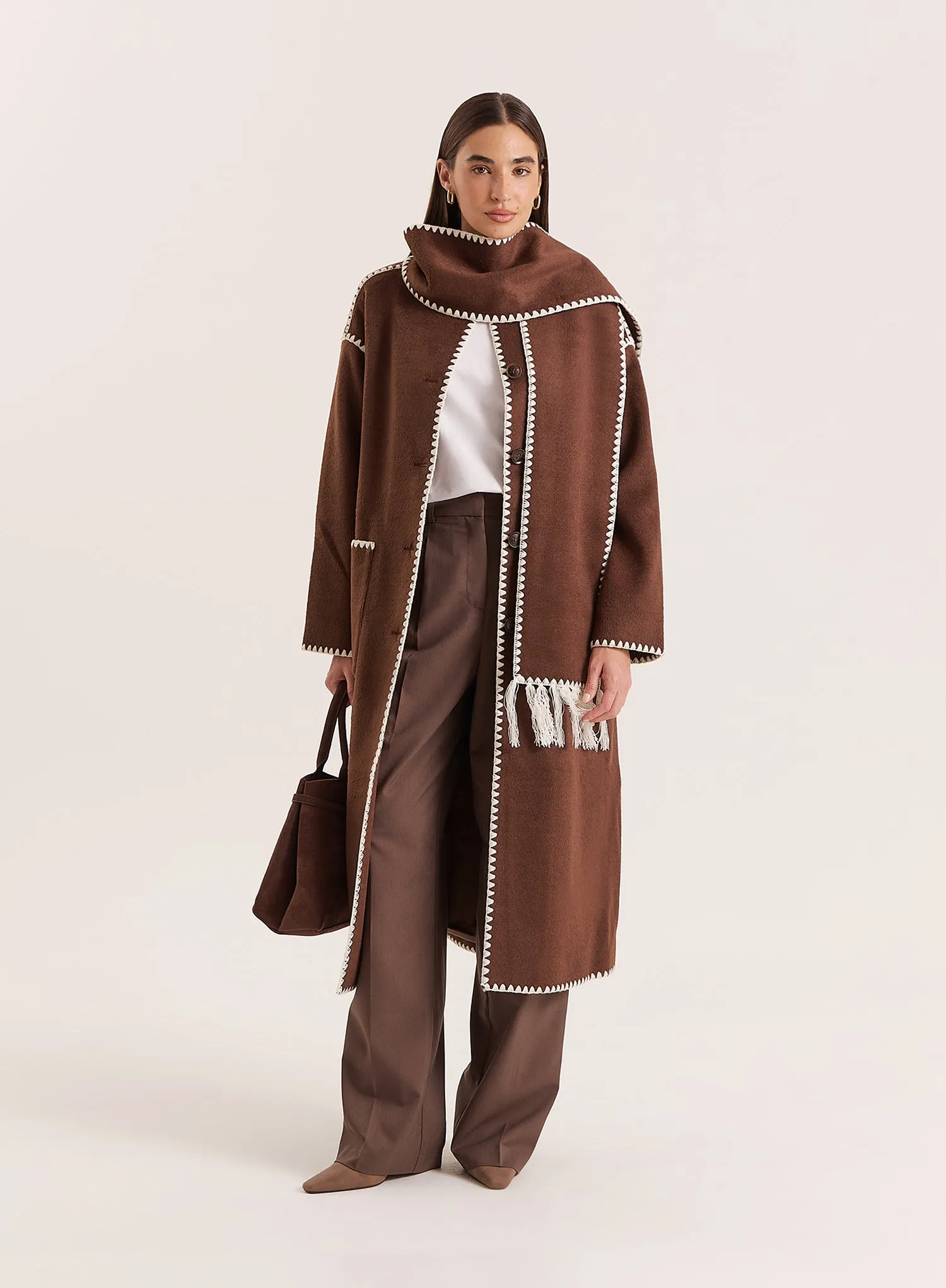 Chocolate Contrast Stitch Longline Scarf Coat sold by 4th and Reckless product image thumbnail 4