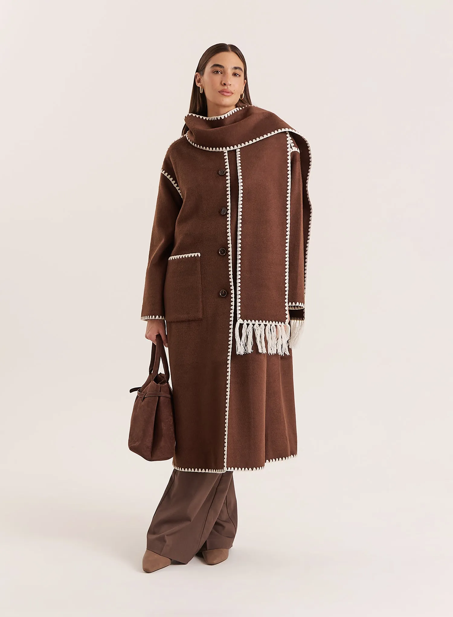 Chocolate Contrast Stitch Longline Scarf Coat sold by 4th and Reckless