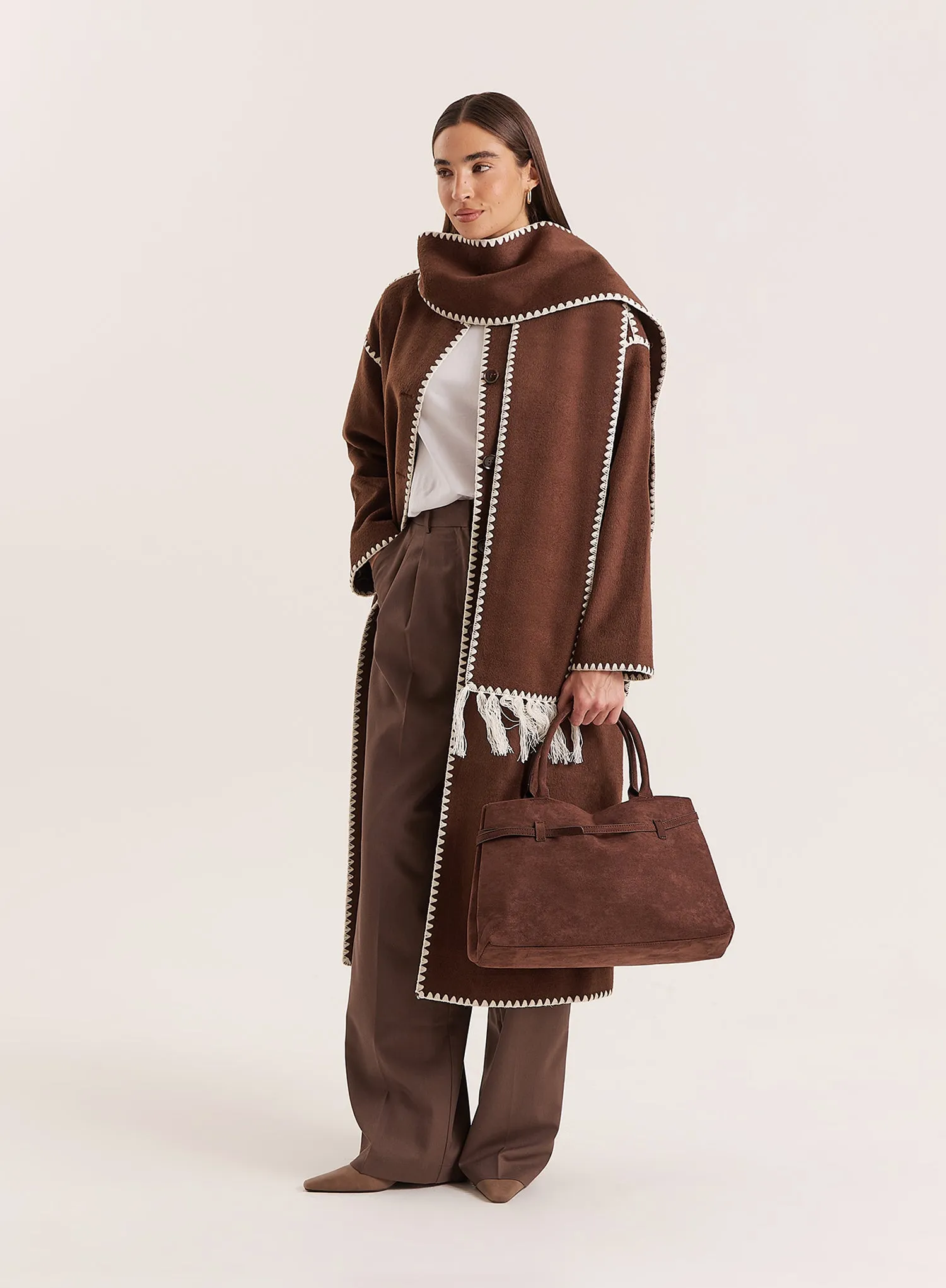 Chocolate Contrast Stitch Longline Scarf Coat sold by 4th and Reckless product image thumbnail 2