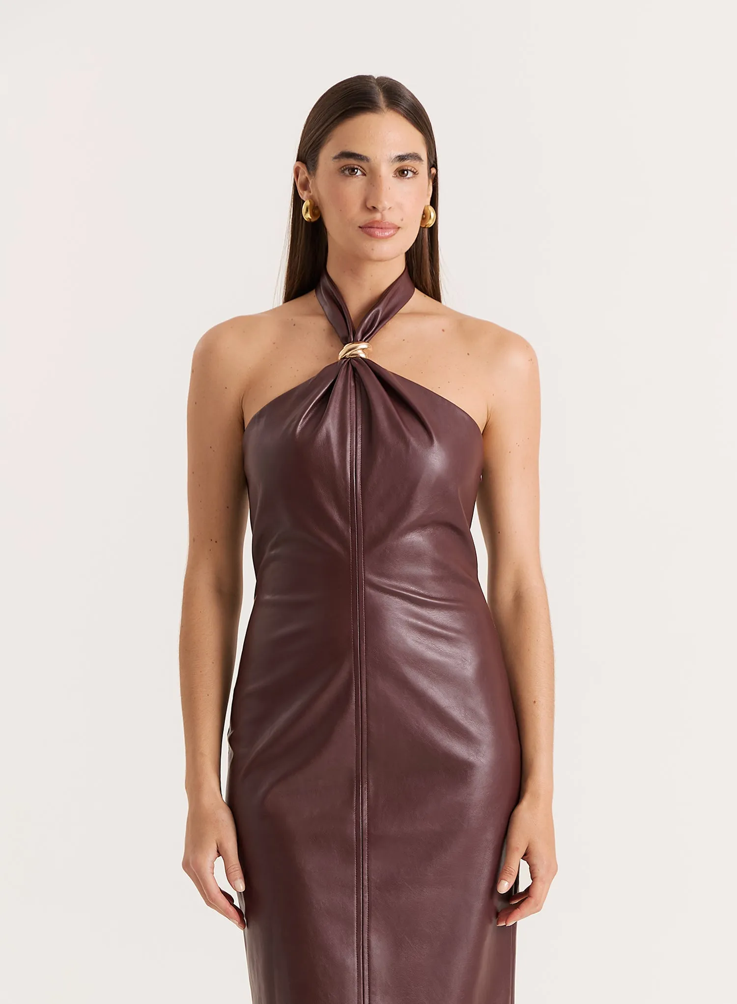 Burgundy Faux Leather Halterneck Maxi Dress- Rhea sold by 4th and Reckless product image thumbnail 4