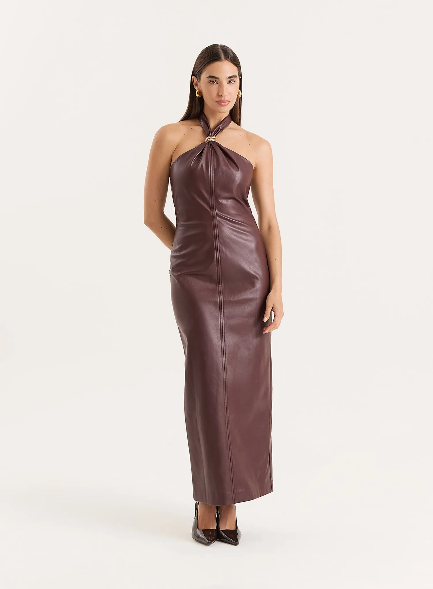 Burgundy Faux Leather Halterneck Maxi Dress- Rhea sold by 4th and Reckless