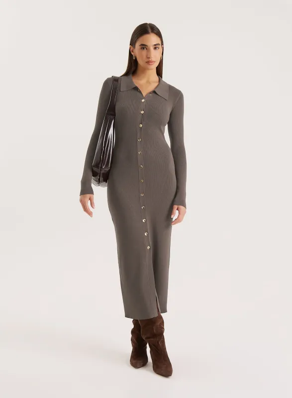 Charcoal Collared Button Down Knitted Dress sold by 4th and Reckless