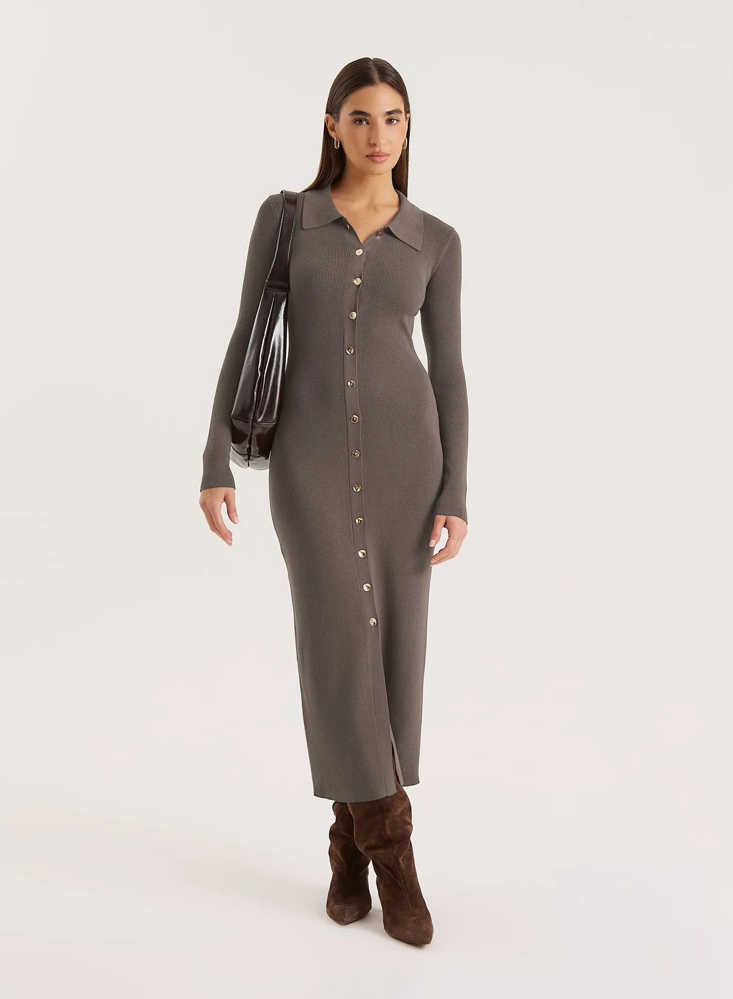 Charcoal Collared Button Down Knitted Dress sold by 4th and Reckless