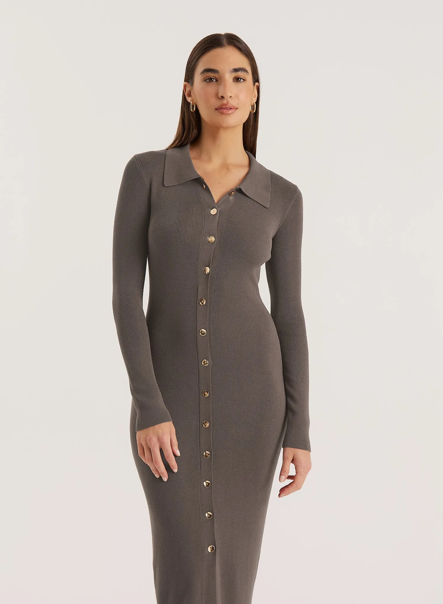 Charcoal Collared Button Down Knitted Dress sold by 4th and Reckless product image thumbnail 3