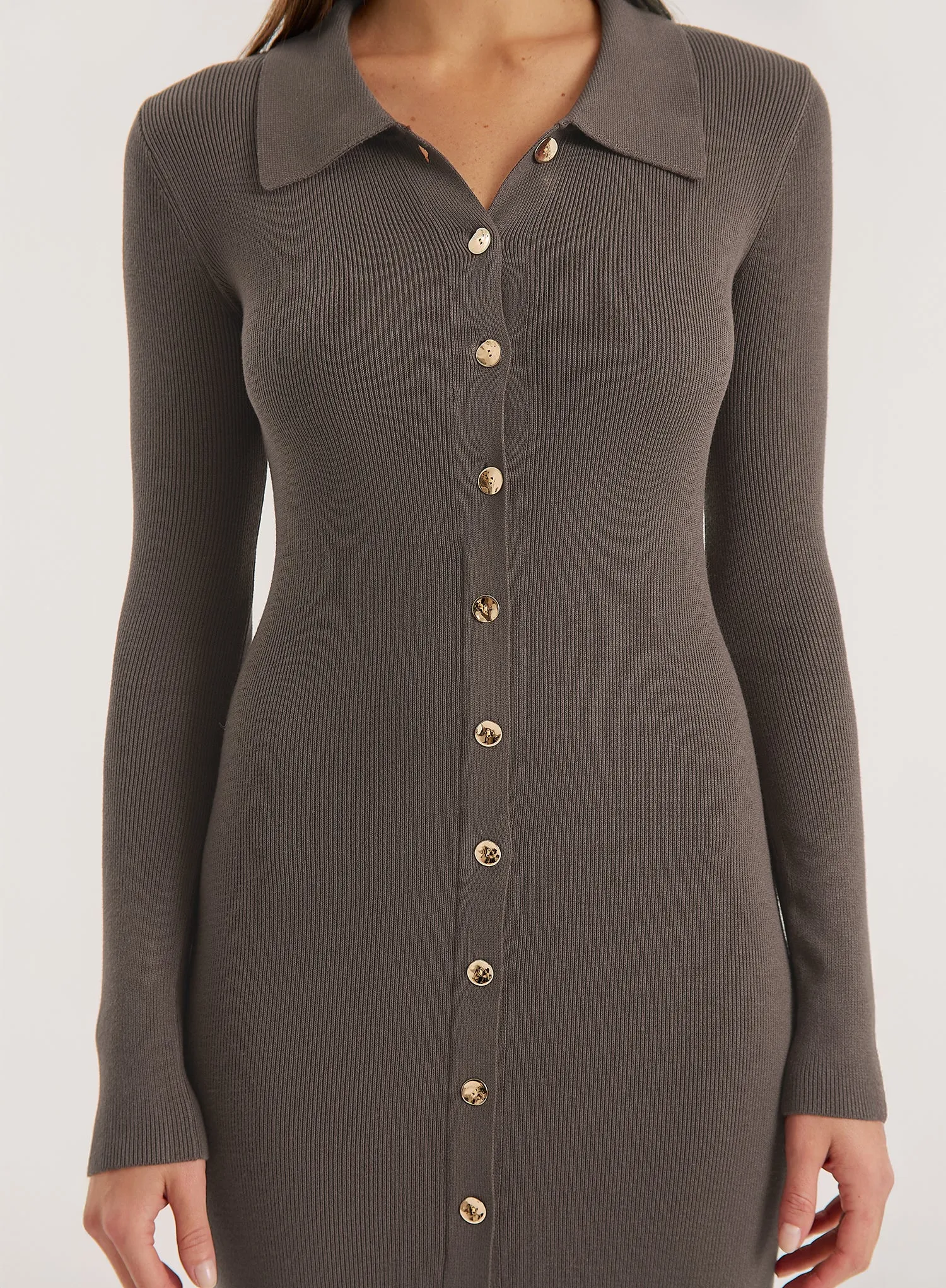 Charcoal Collared Button Down Knitted Dress sold by 4th and Reckless product image thumbnail 4