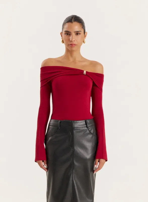 Red Gold Hardware Detail Knitted Long Sleeve Top sold by 4th and Reckless