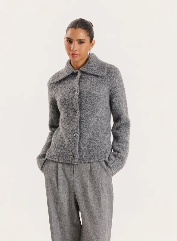 Dark Grey Knitted Collared Cardigan sold by 4th and Reckless