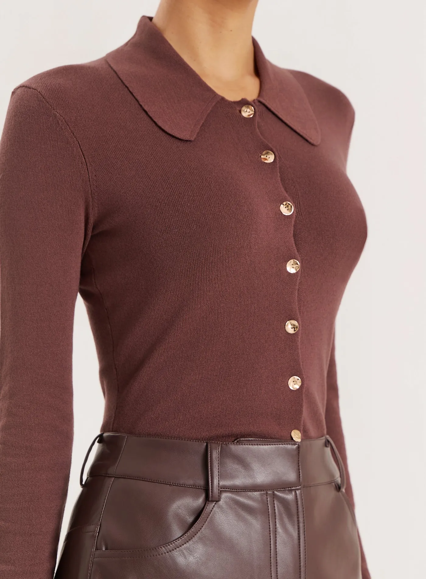 Chocolate Lightweight Knitted Button Down Top sold by 4th and Reckless product image thumbnail 3