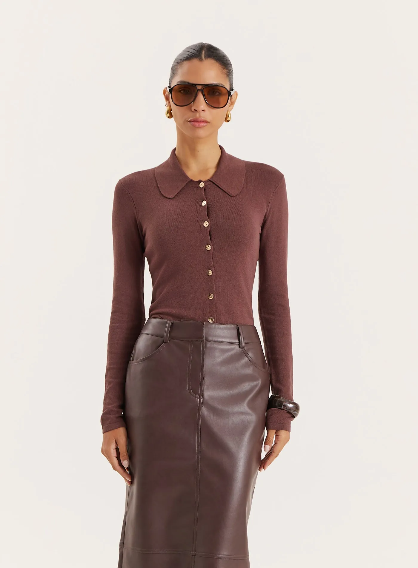 Chocolate Lightweight Knitted Button Down Top sold by 4th and Reckless