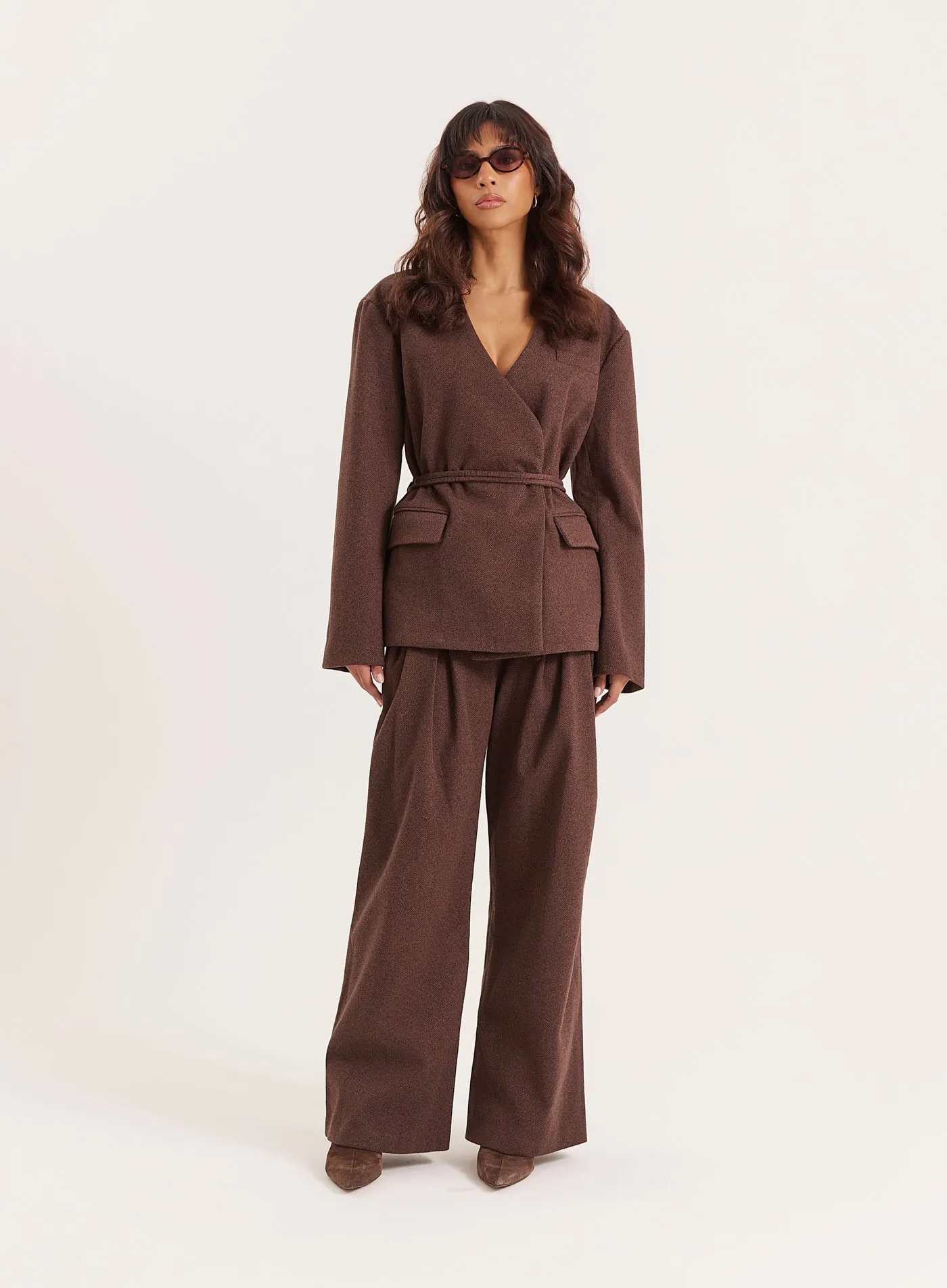 Chocolate Herringbone Tie Belt Wide Leg Trousers sold by 4th and Reckless