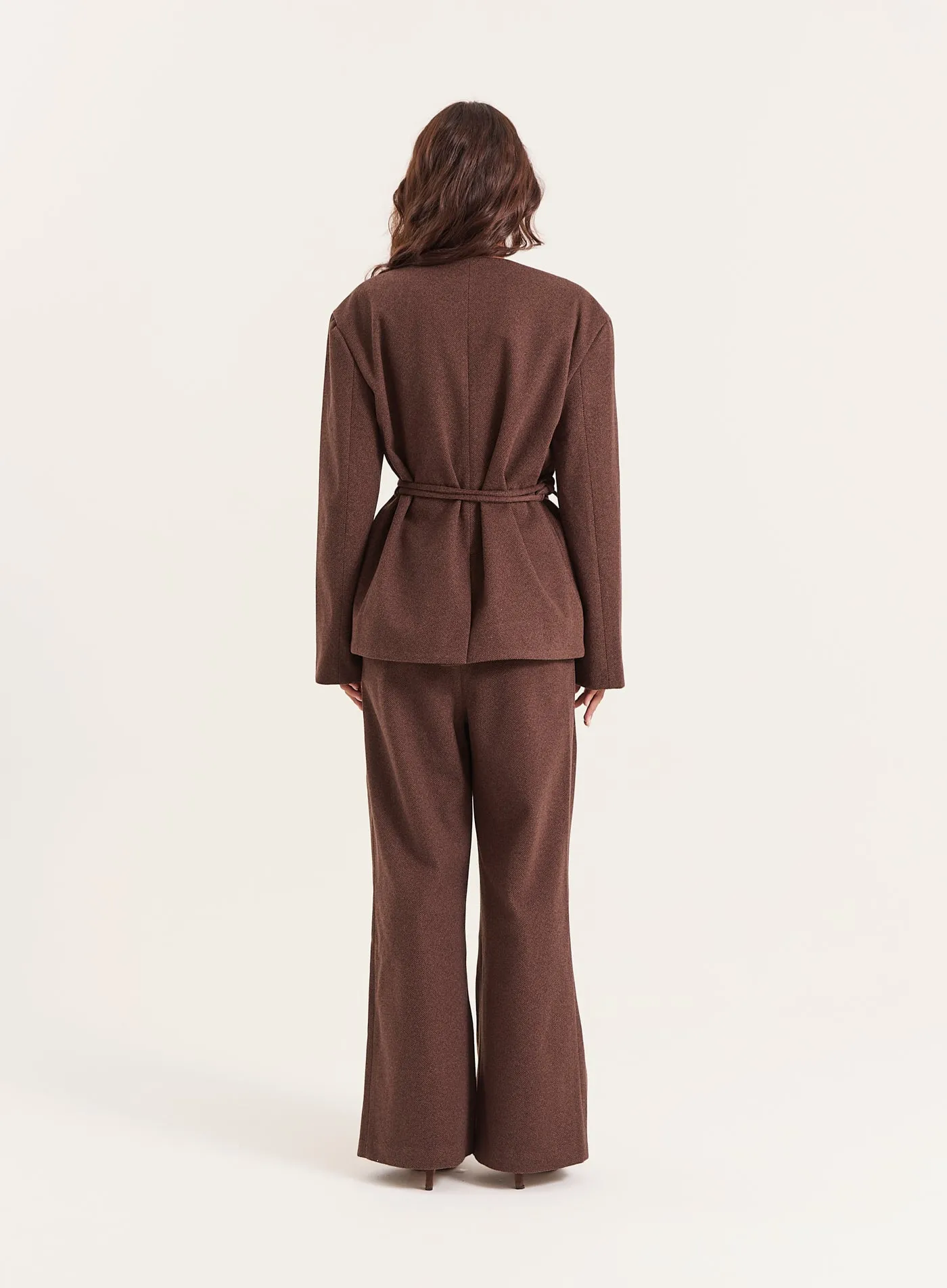 Chocolate Herringbone Tie Belt Wide Leg Trousers sold by 4th and Reckless product image thumbnail 5
