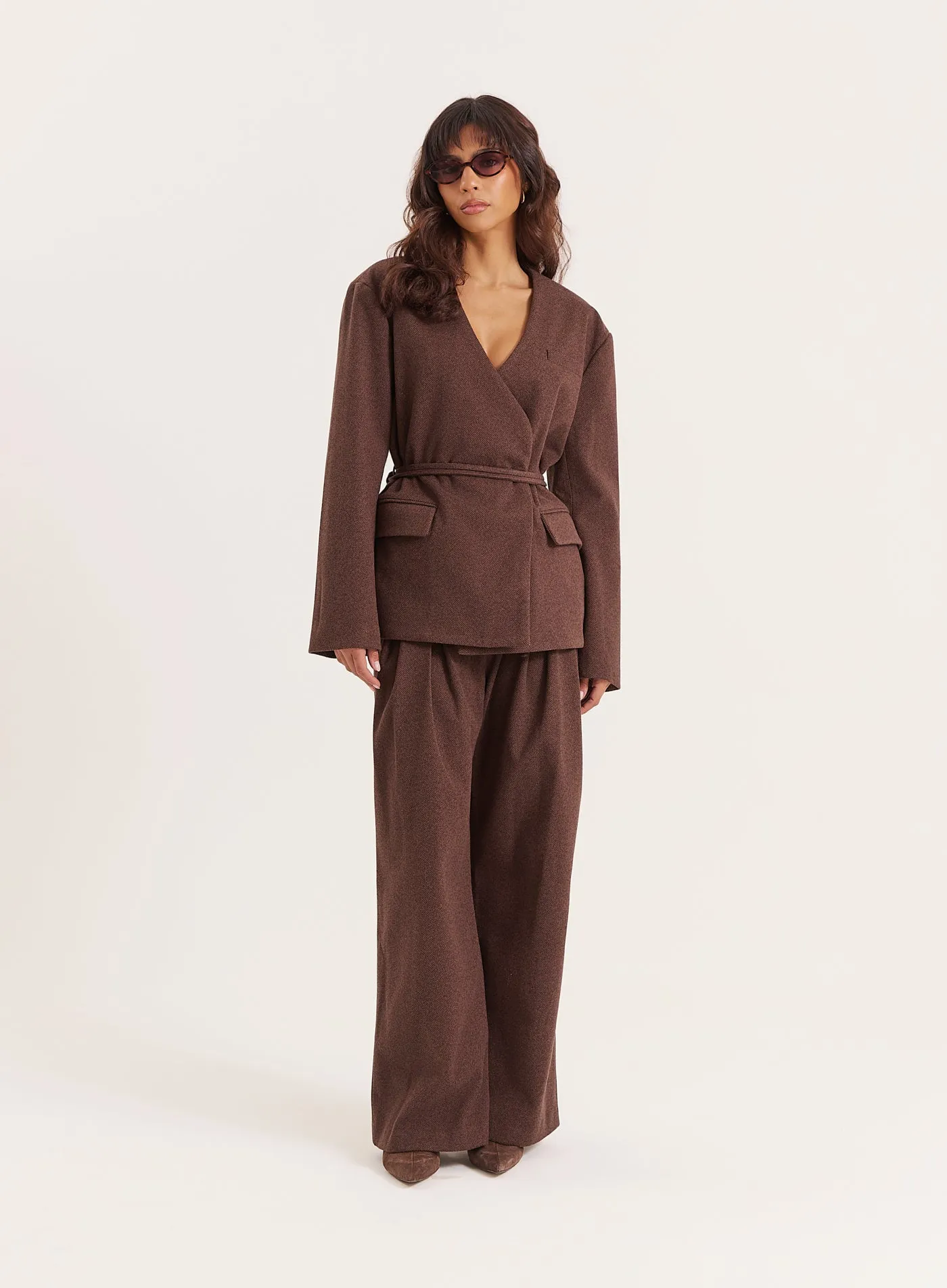 Chocolate Herringbone Tie-Waist Wrap Jacket sold by 4th and Reckless product image thumbnail 4