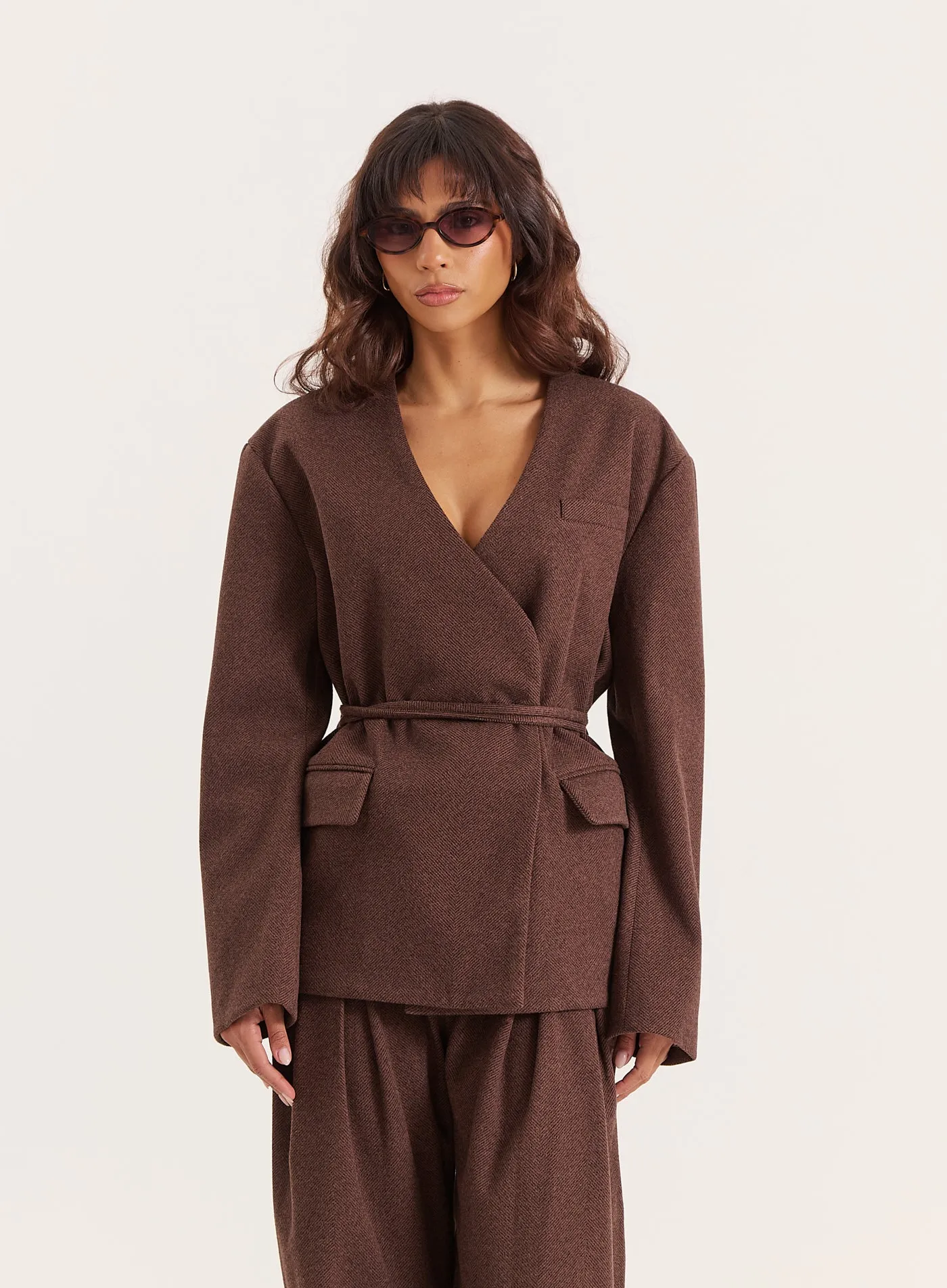 Chocolate Herringbone Tie-Waist Wrap Jacket sold by 4th and Reckless product image thumbnail 2