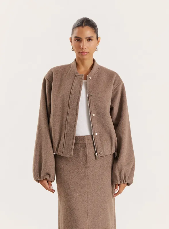 Brown Cropped Wool Effect Bomber sold by 4th and Reckless