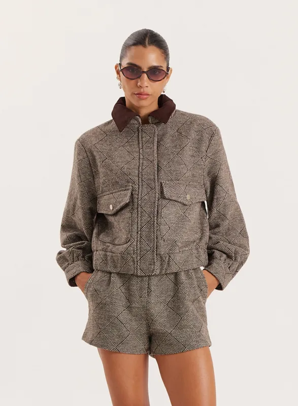 Brown Cropped Collared Trucker Jacket- Ingrid sold by 4th and Reckless