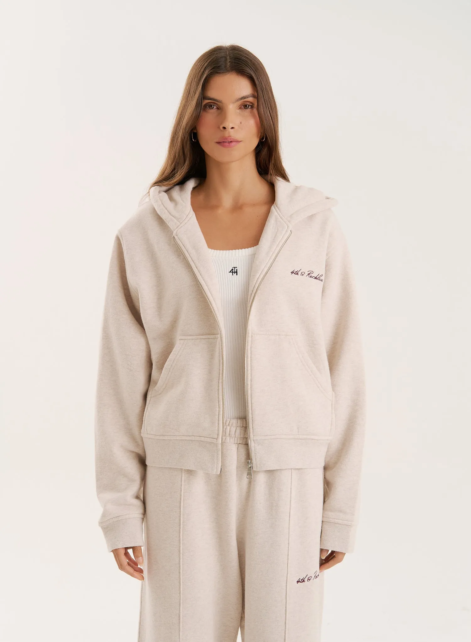 Oatmeal Script Logo Detail Zip Hoodie sold by 4th and Reckless product image thumbnail 4