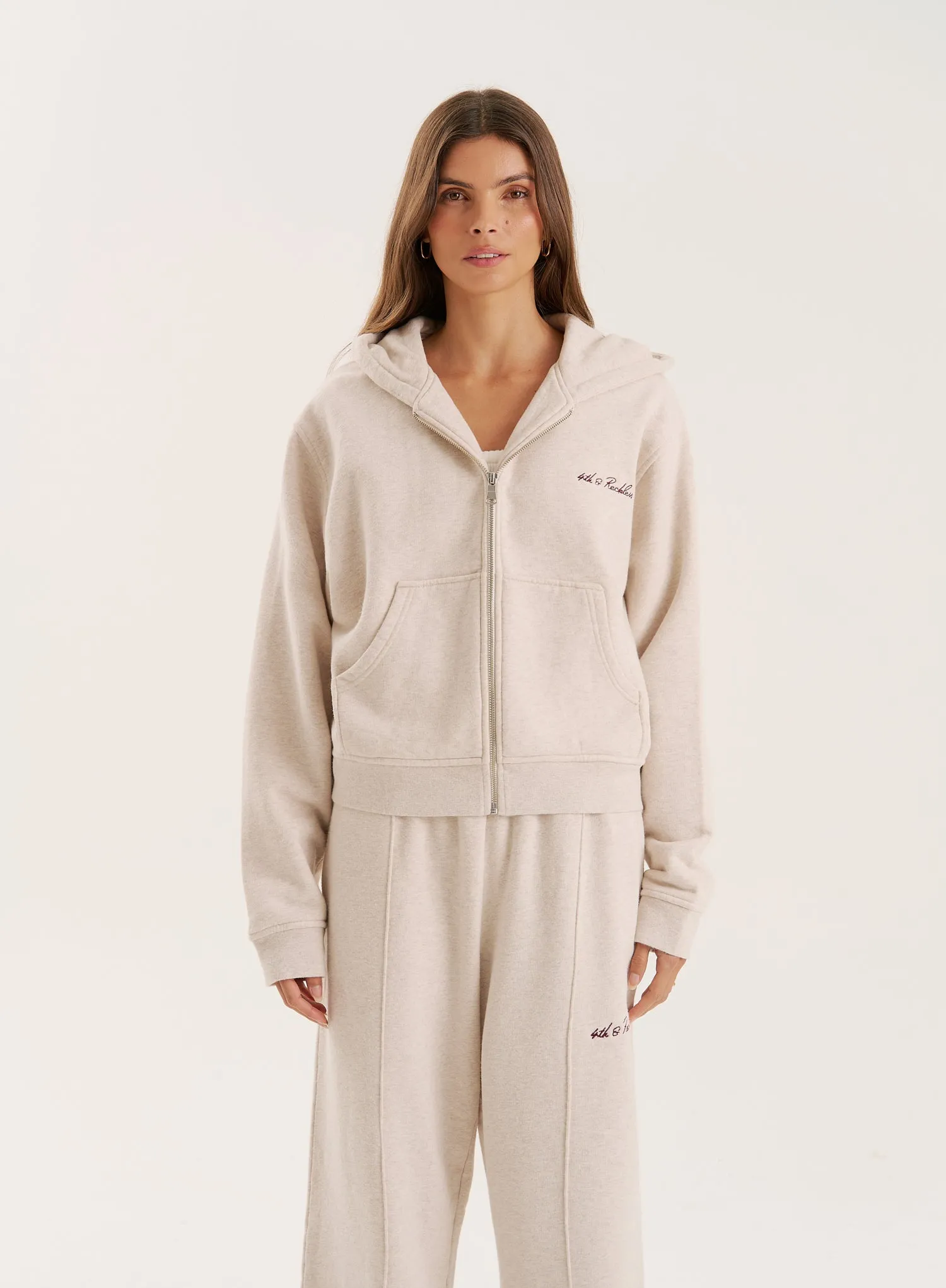 Oatmeal Script Logo Detail Zip Hoodie sold by 4th and Reckless