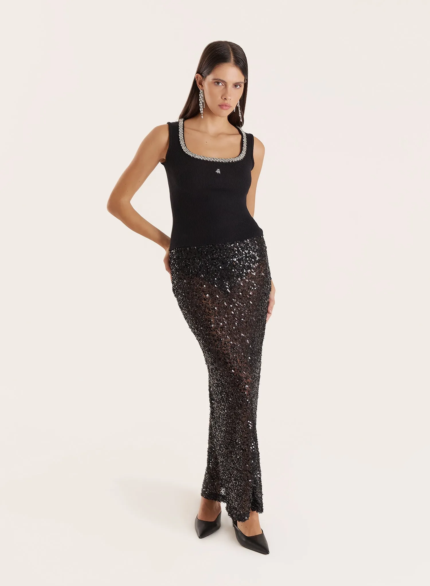 Black Sheer Sequin Maxi Skirt sold by 4th and Reckless product image thumbnail 5