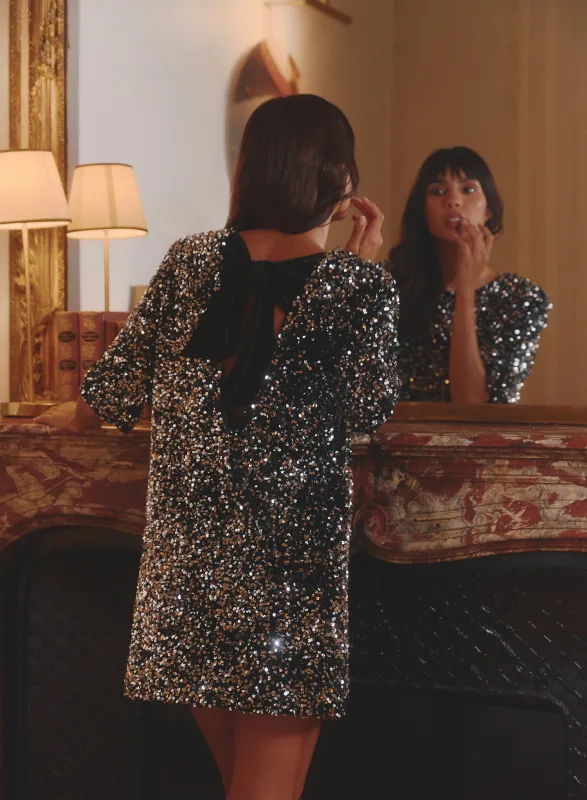 Black Sequin Bow Tie Back Mini Dress sold by 4th and Reckless