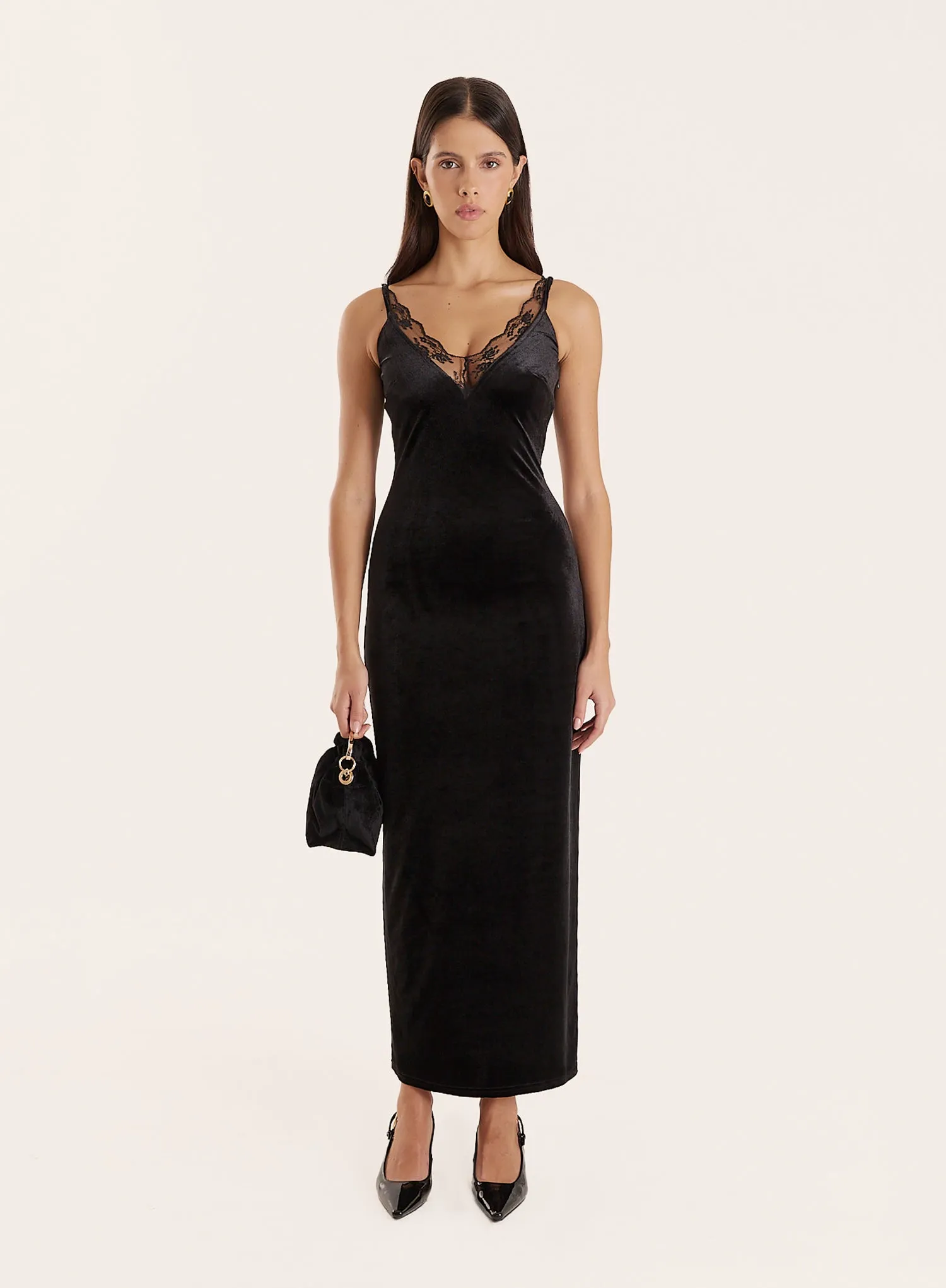 Black Velvet Lace Trim Midaxi Dress sold by 4th and Reckless product image thumbnail 4