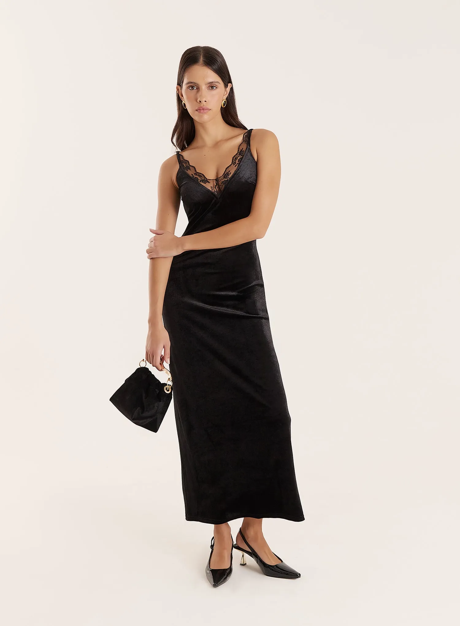 Black Velvet Lace Trim Midaxi Dress sold by 4th and Reckless