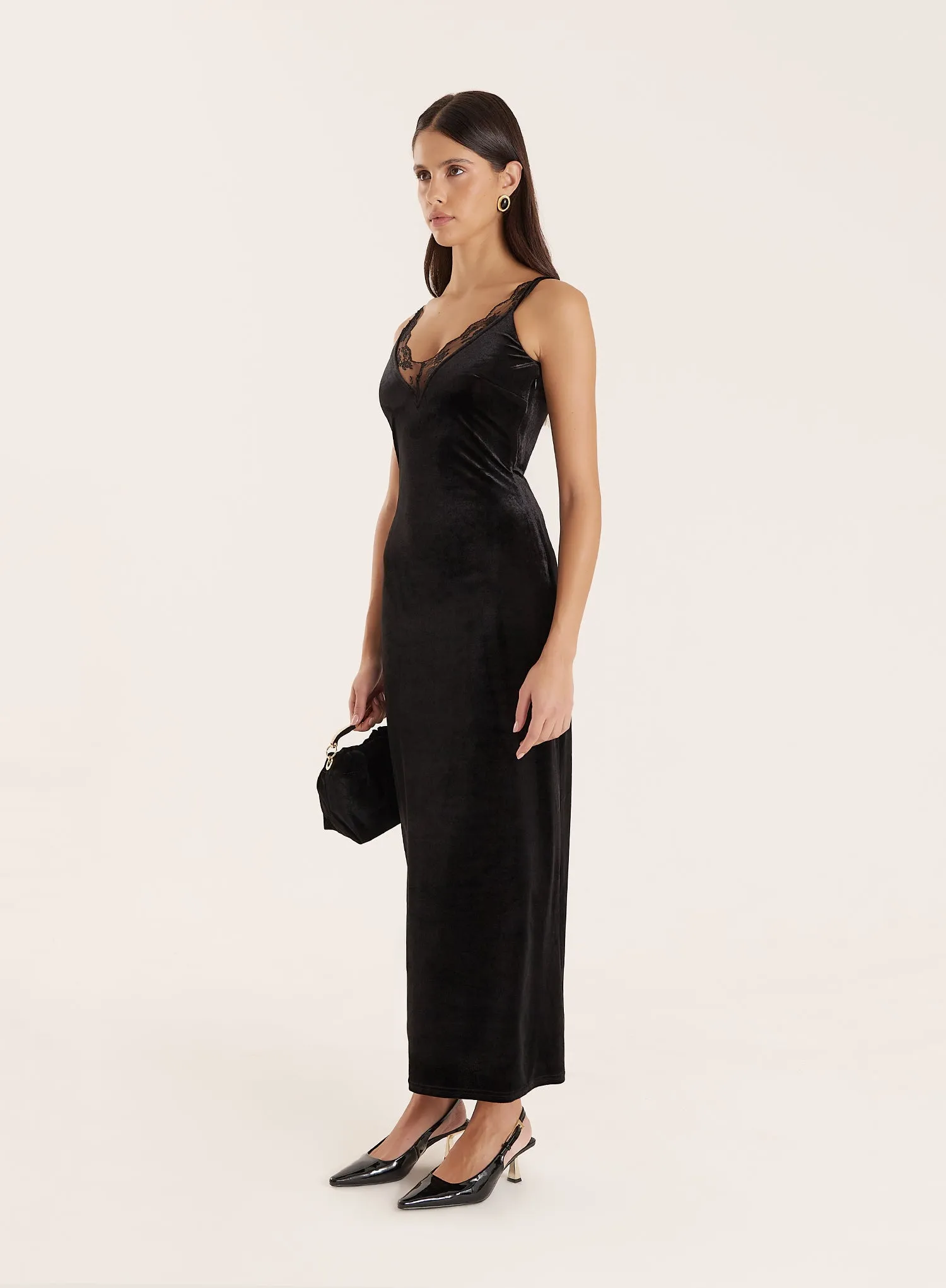 Black Velvet Lace Trim Midaxi Dress sold by 4th and Reckless product image thumbnail 2