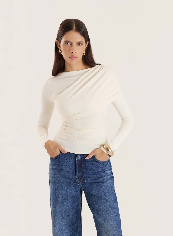 Off White Long Sleeved Drape Top- Cassian sold by 4th and Reckless