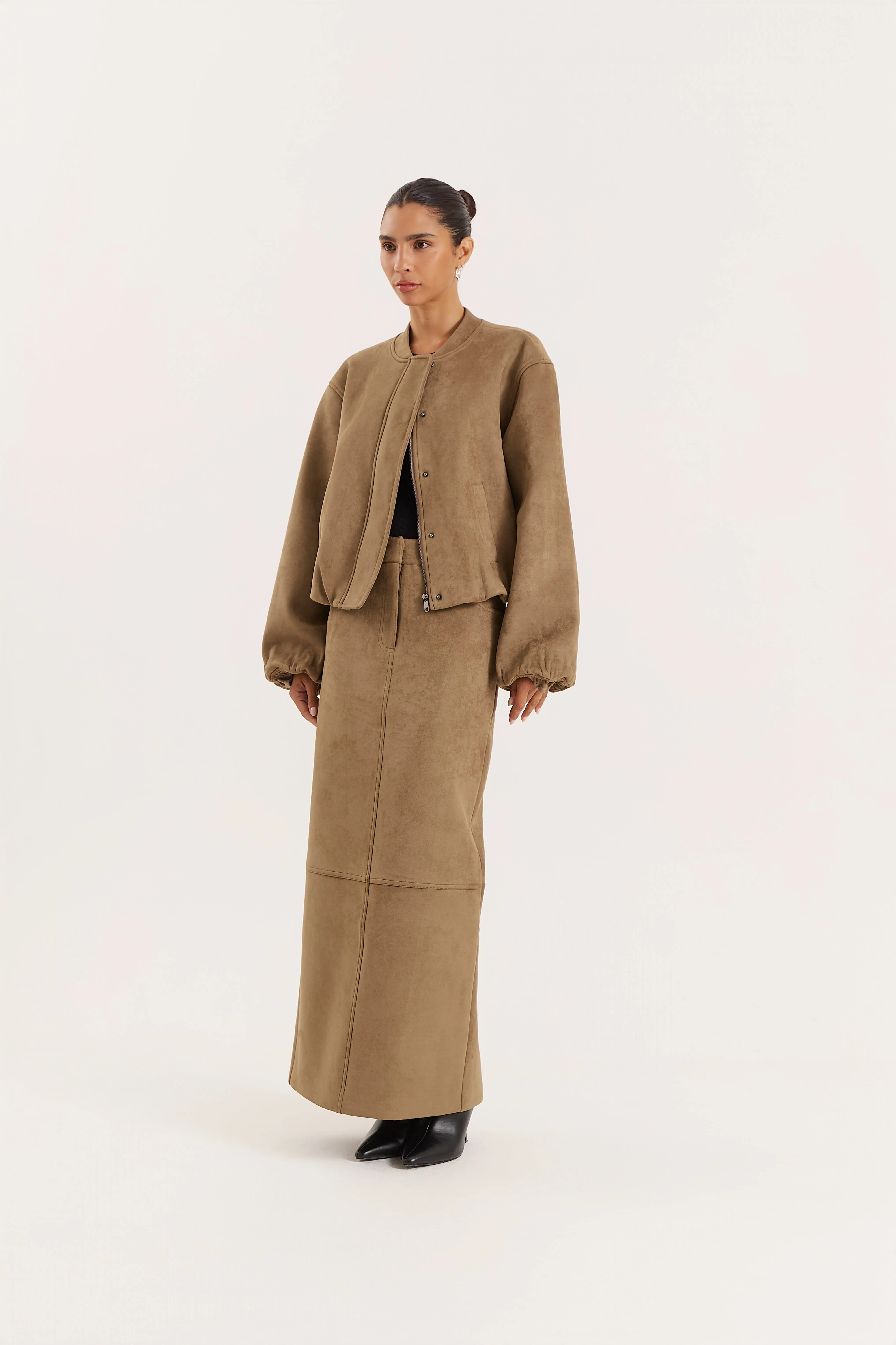 Olive Faux Suede Bomber Jacket sold by 4th and Reckless product image thumbnail 3