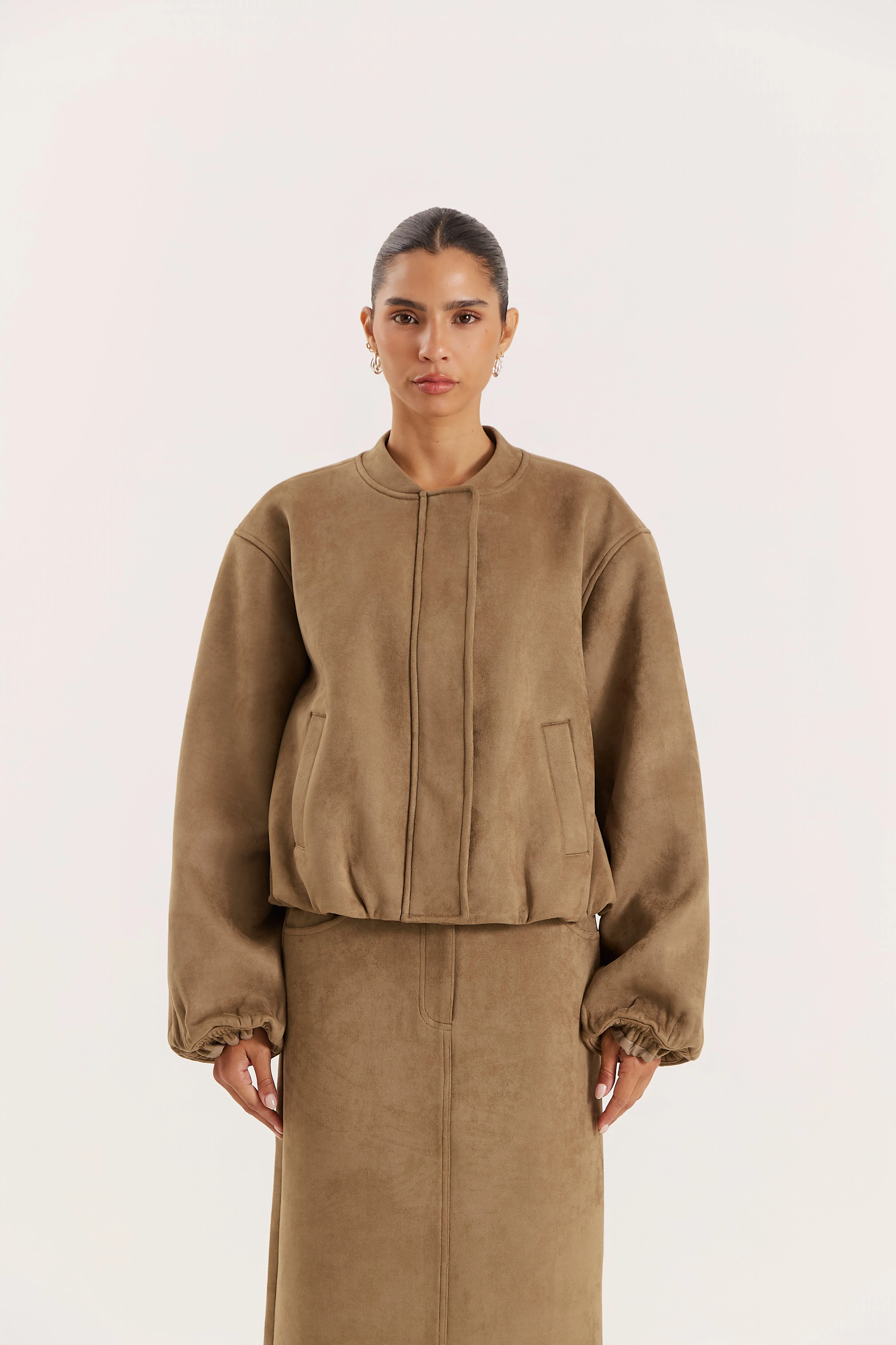 Olive Faux Suede Bomber Jacket sold by 4th and Reckless