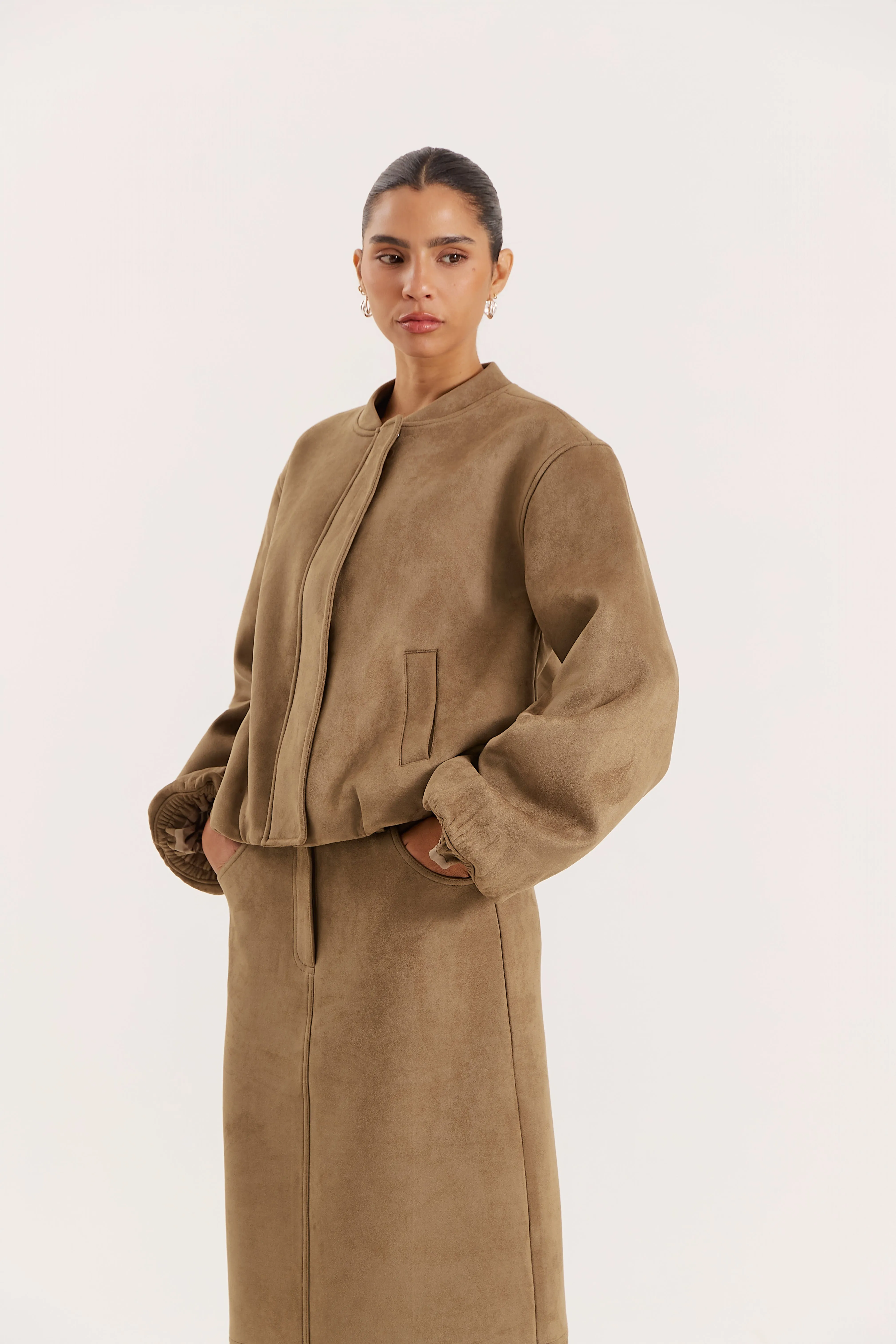 Olive Faux Suede Bomber Jacket sold by 4th and Reckless product image thumbnail 2
