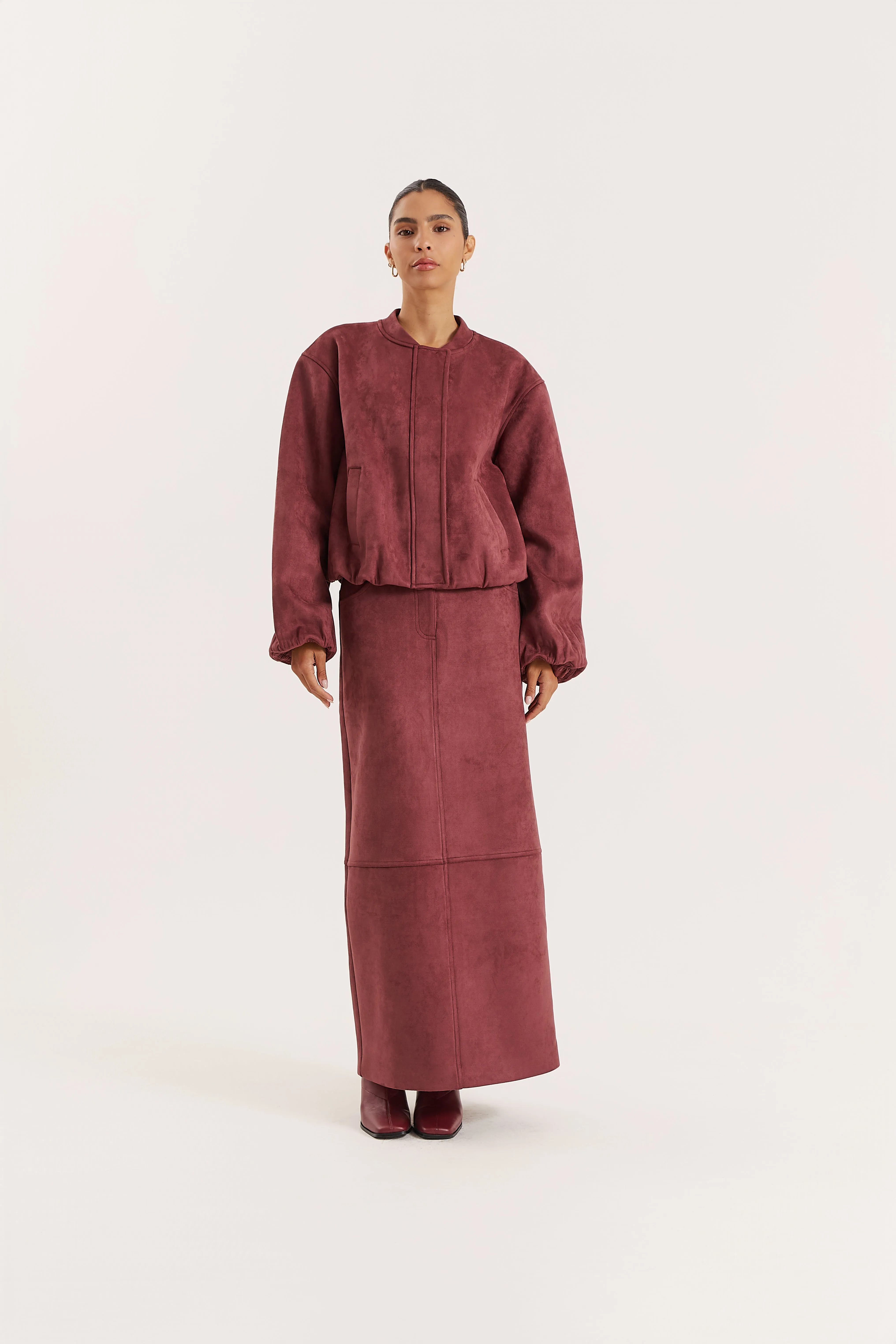 Burgundy Faux Suede Maxi Skirt sold by 4th and Reckless