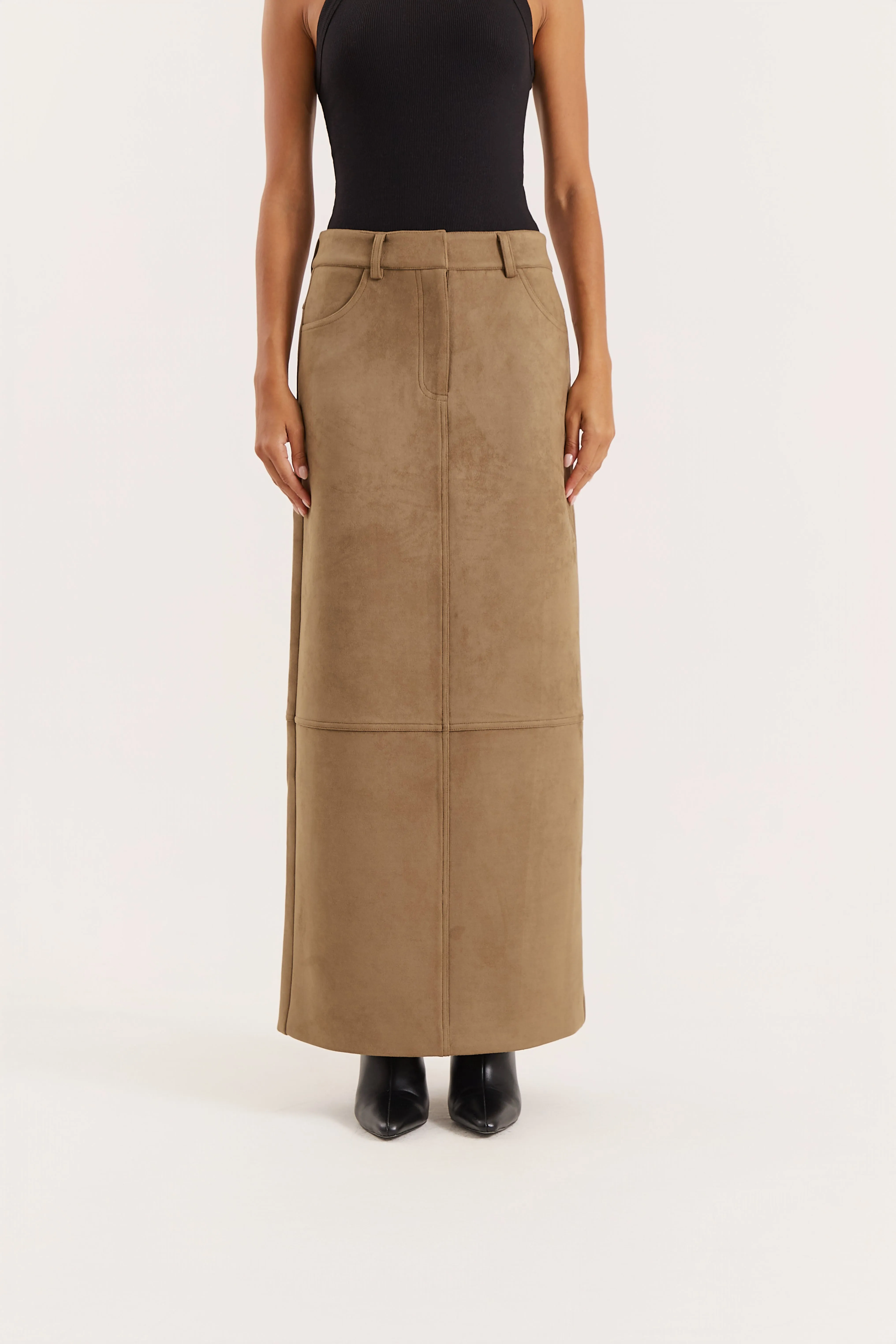 Olive Faux Suede Maxi Skirt sold by 4th and Reckless product image thumbnail 2