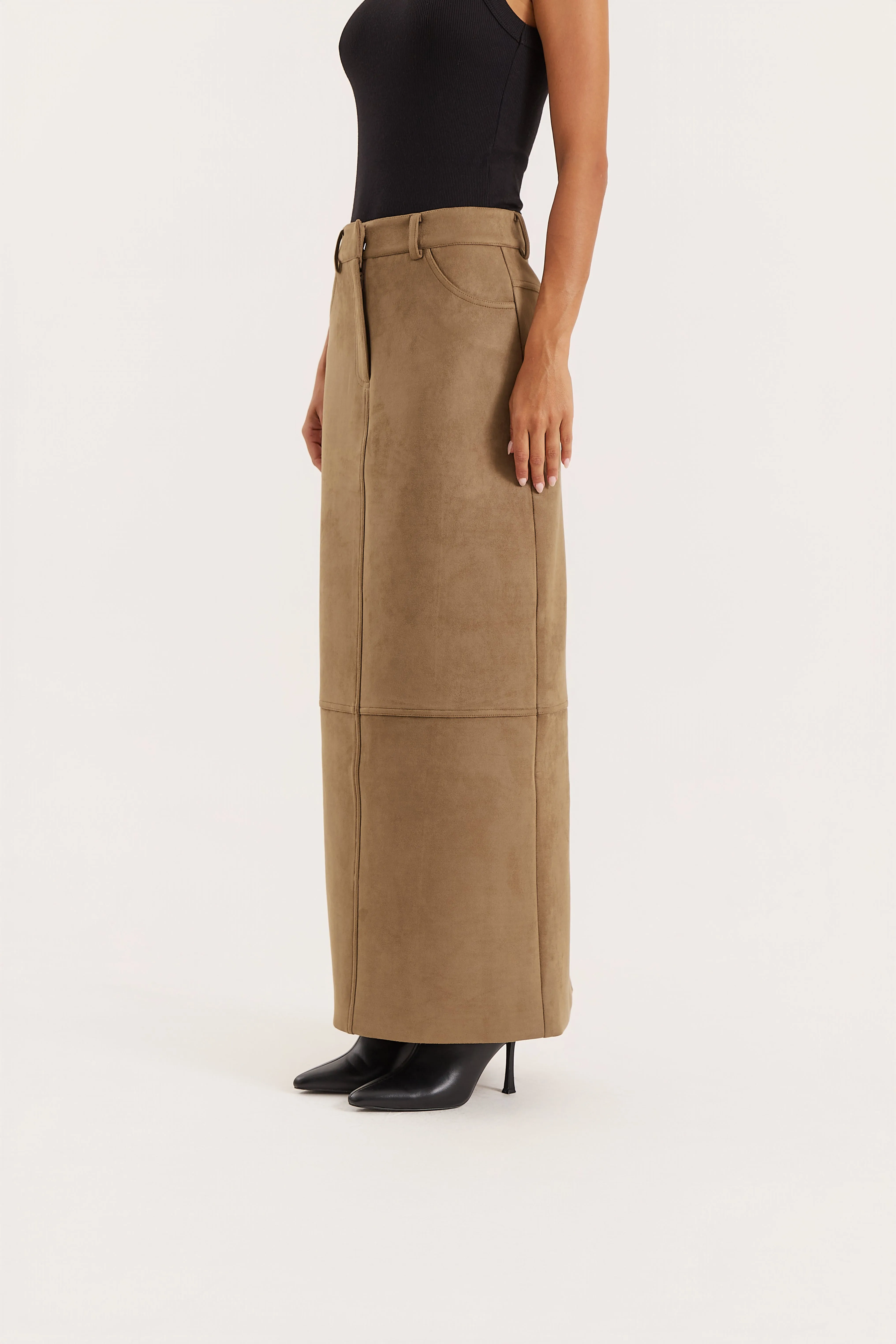 Olive Faux Suede Maxi Skirt sold by 4th and Reckless product image thumbnail 3