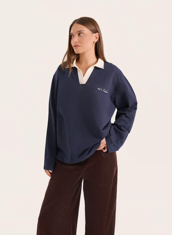 Navy Branded Contrast Collar Rugby Shirt sold by 4th and Reckless