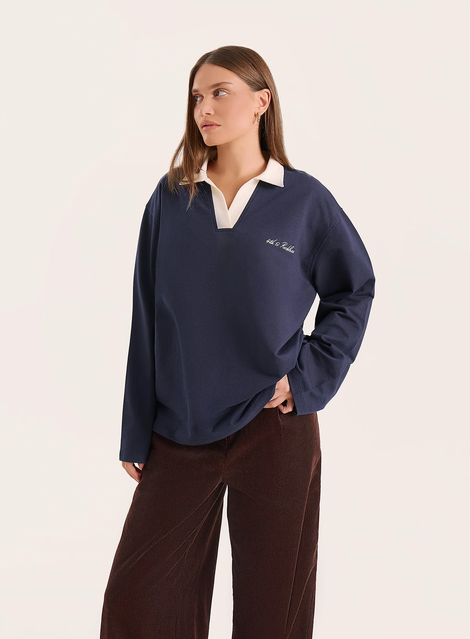 Navy Branded Contrast Collar Rugby Shirt sold by 4th and Reckless