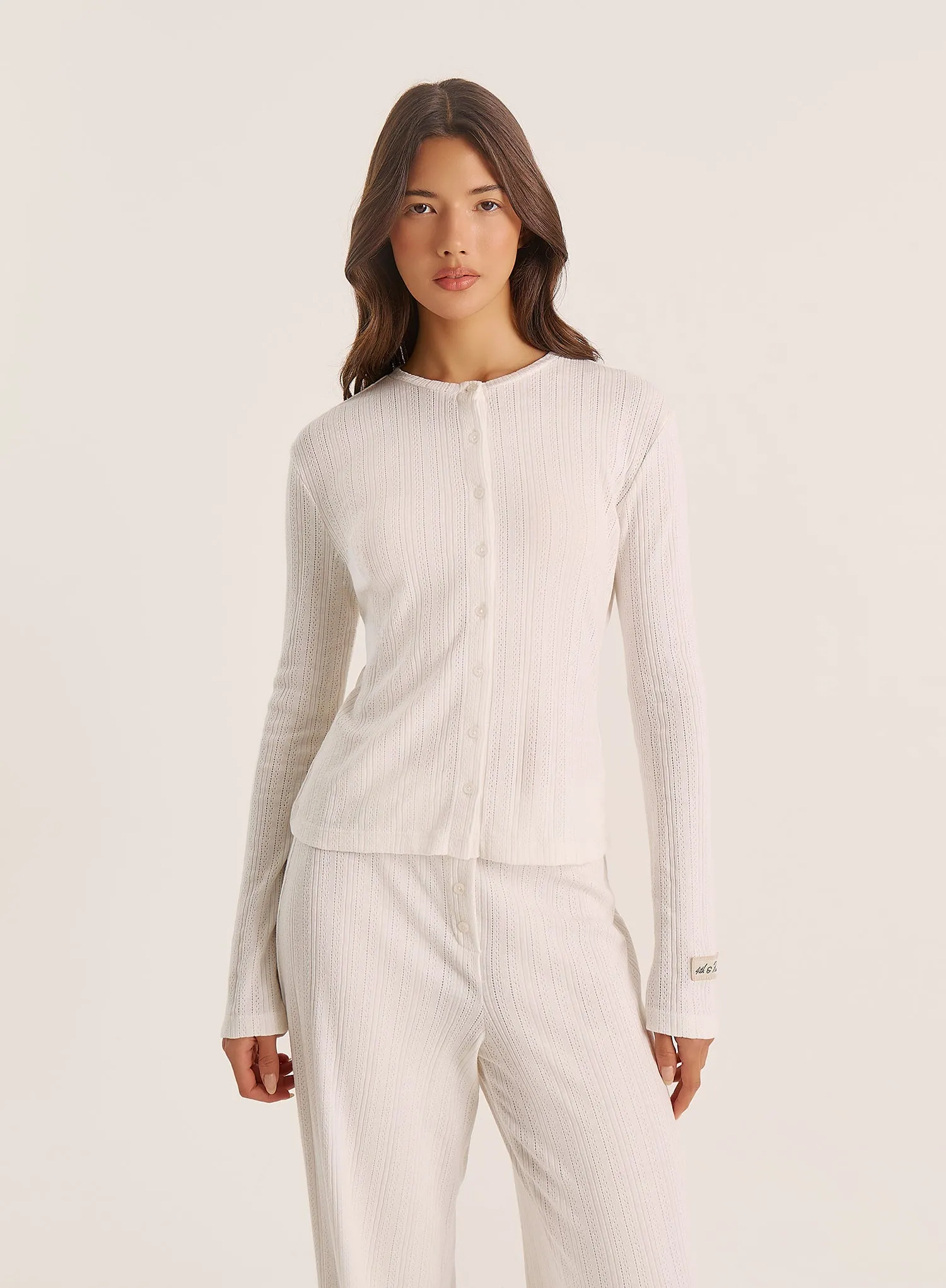 Ecru Pointelle Long Sleeve Buttoned Top sold by 4th and Reckless product image thumbnail 2