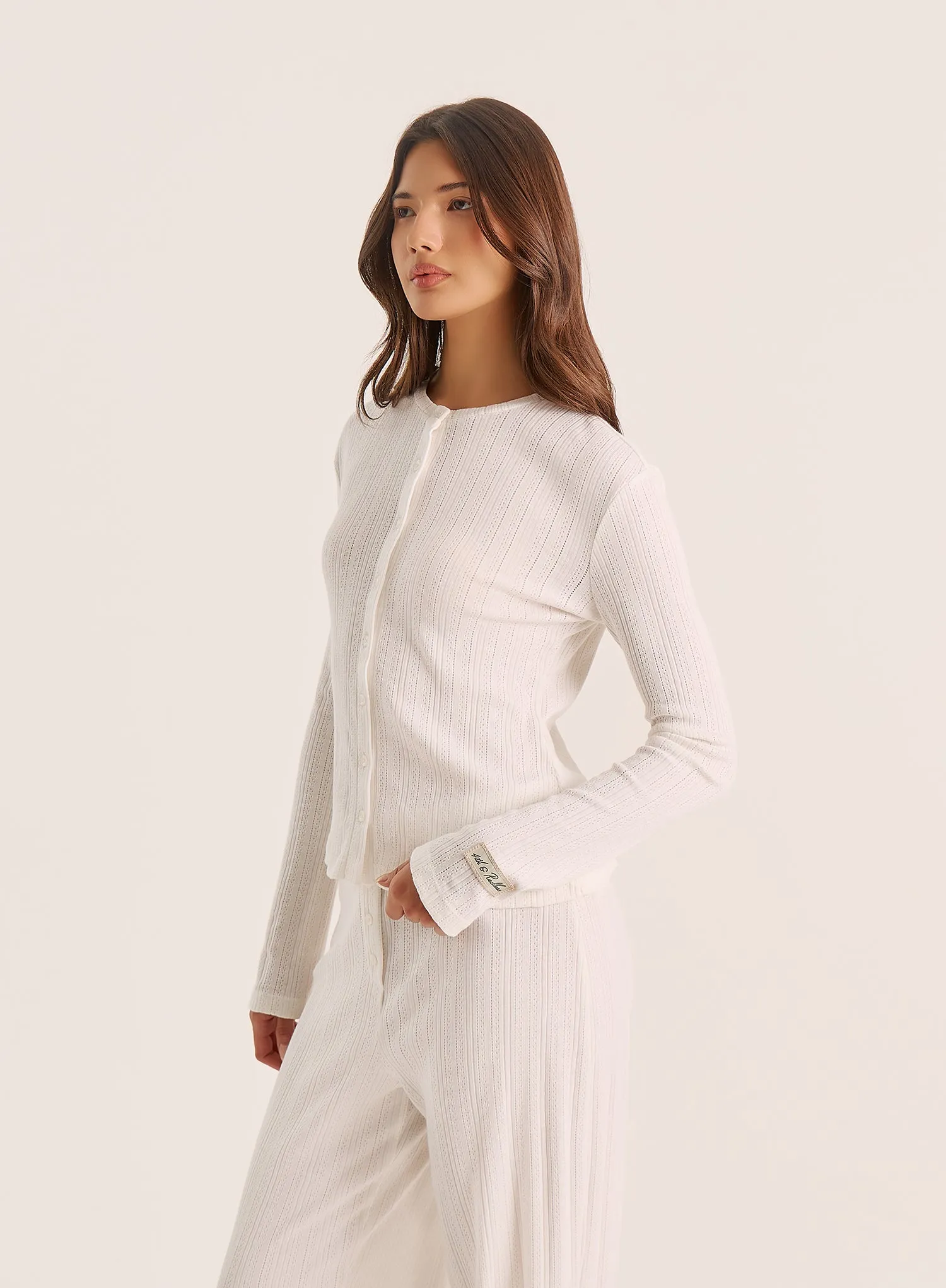 Ecru Pointelle Long Sleeve Buttoned Top sold by 4th and Reckless product image thumbnail 3