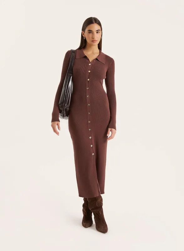 Chocolate Collared Button Down Knitted Dress sold by 4th and Reckless