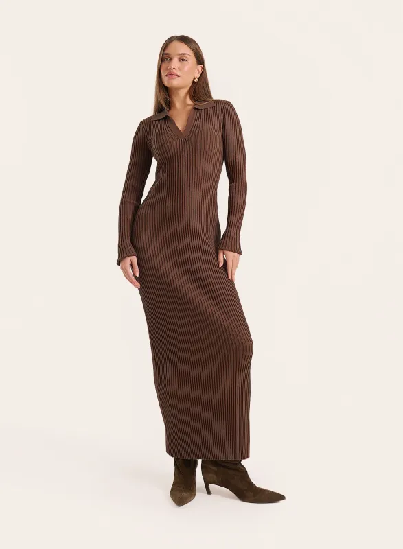 Chocolate Polo Collar Knitted Maxi Dress made by 4th and Reckless