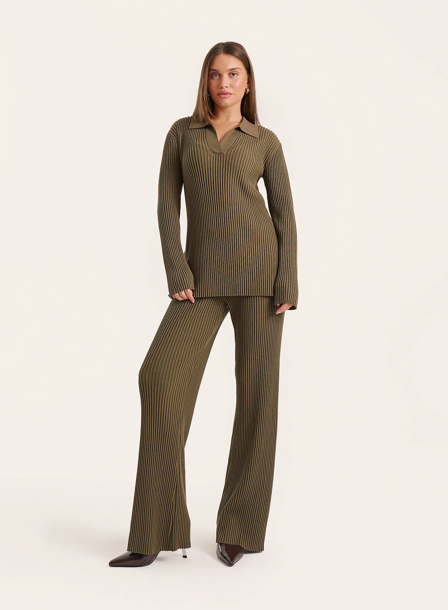 Olive Knitted Long Sleeve Polo Top sold by 4th and Reckless product image thumbnail 4