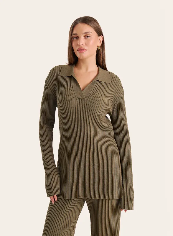 Olive Knitted Long Sleeve Polo Top sold by 4th and Reckless
