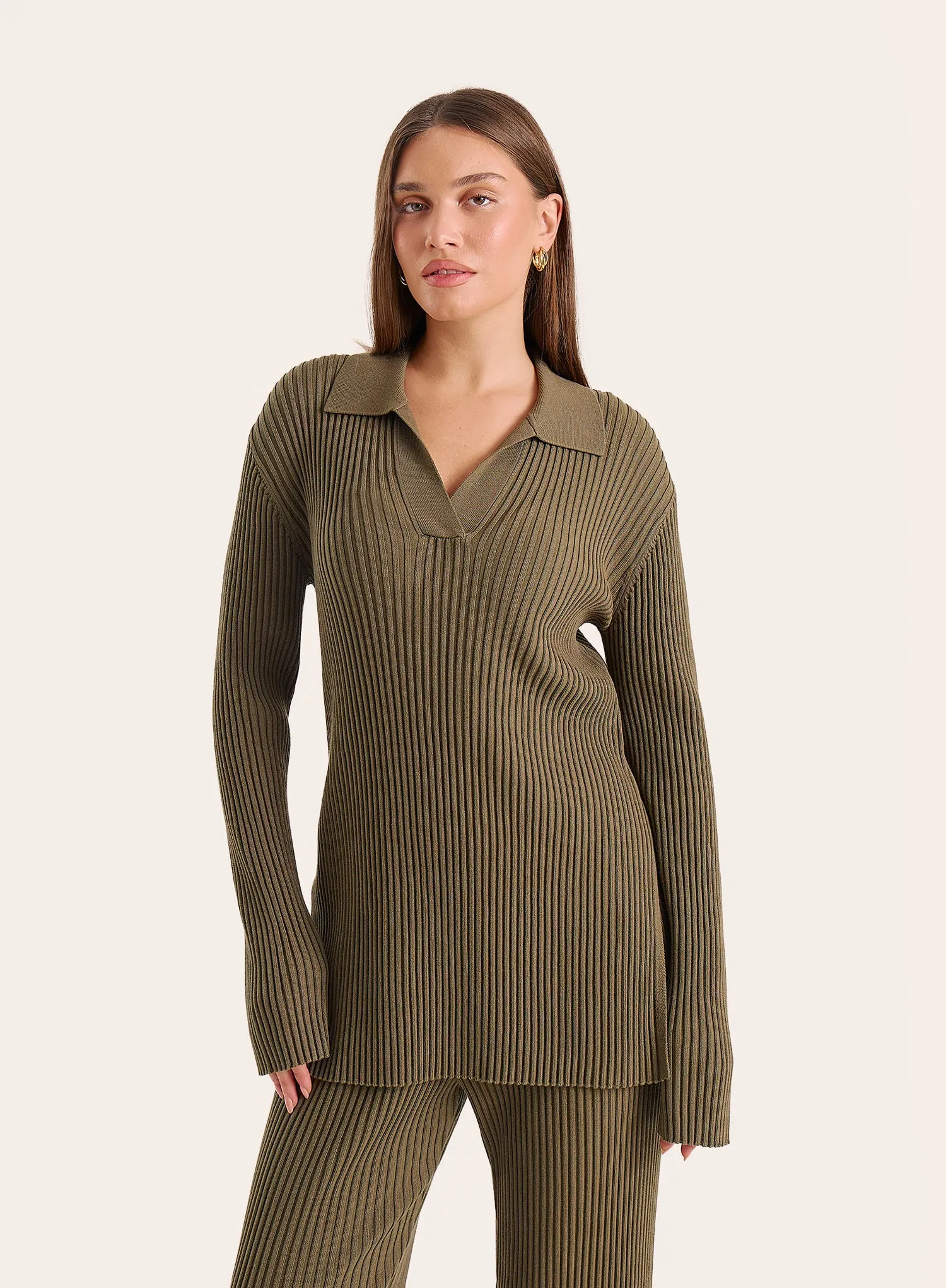 Olive Knitted Long Sleeve Polo Top sold by 4th and Reckless