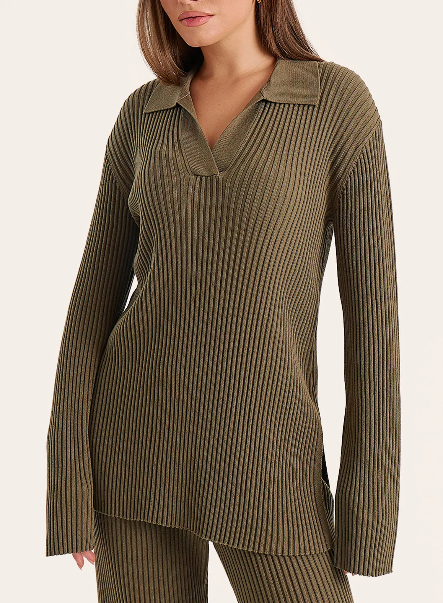 Olive Knitted Long Sleeve Polo Top sold by 4th and Reckless product image thumbnail 3