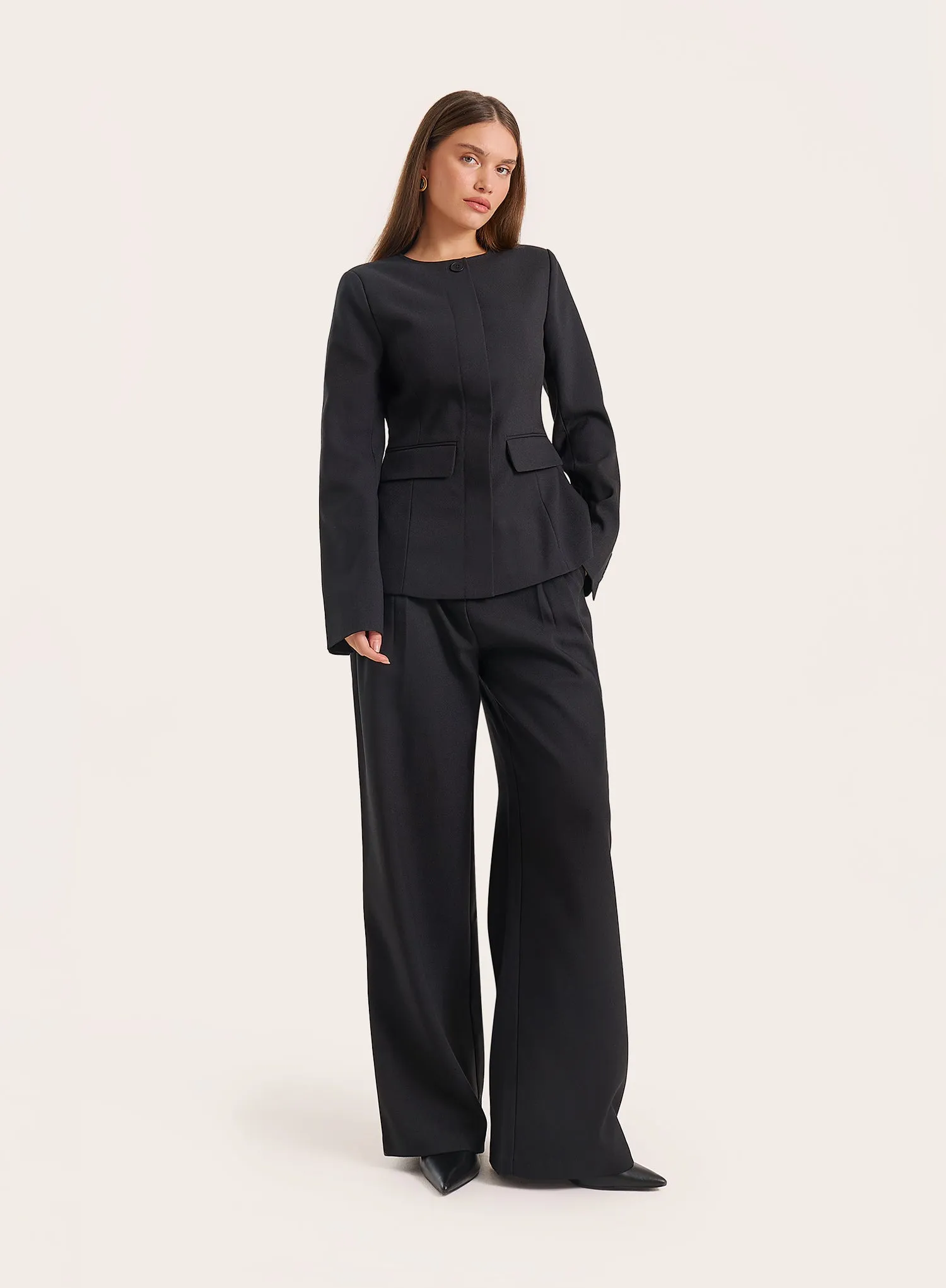 Black Collarless Cinched Waist Tailored Blazer sold by 4th and Reckless product image thumbnail 4
