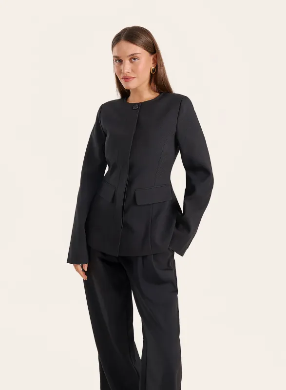 Black Collarless Cinched Waist Tailored Blazer made by 4th and Reckless