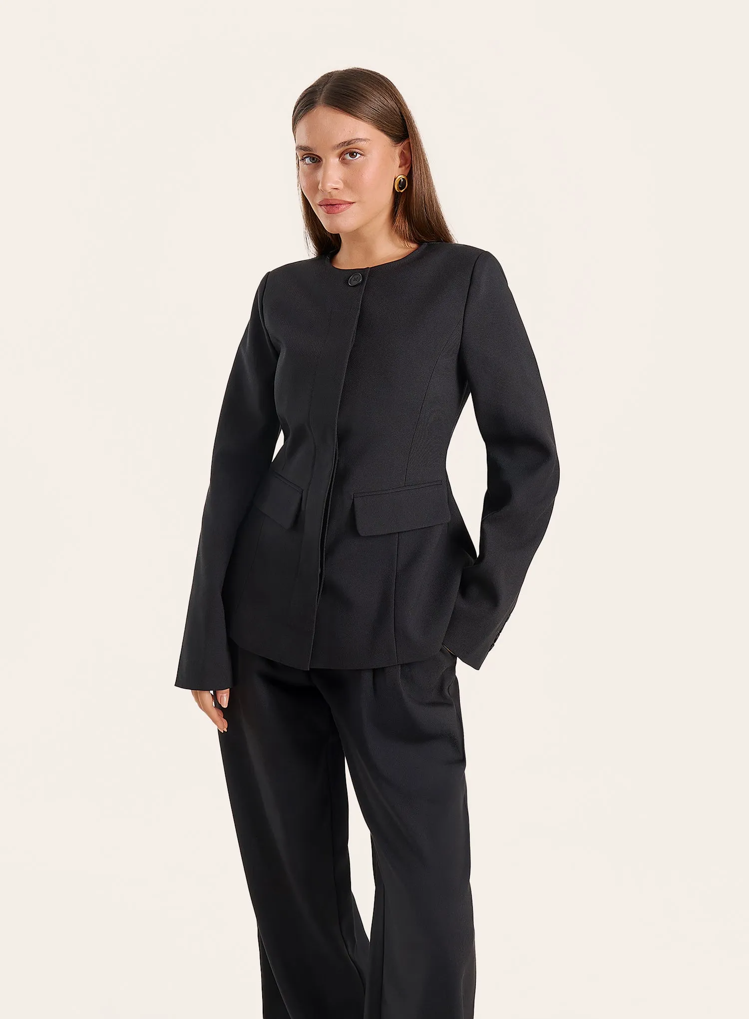 Black Collarless Cinched Waist Tailored Blazer sold by 4th and Reckless