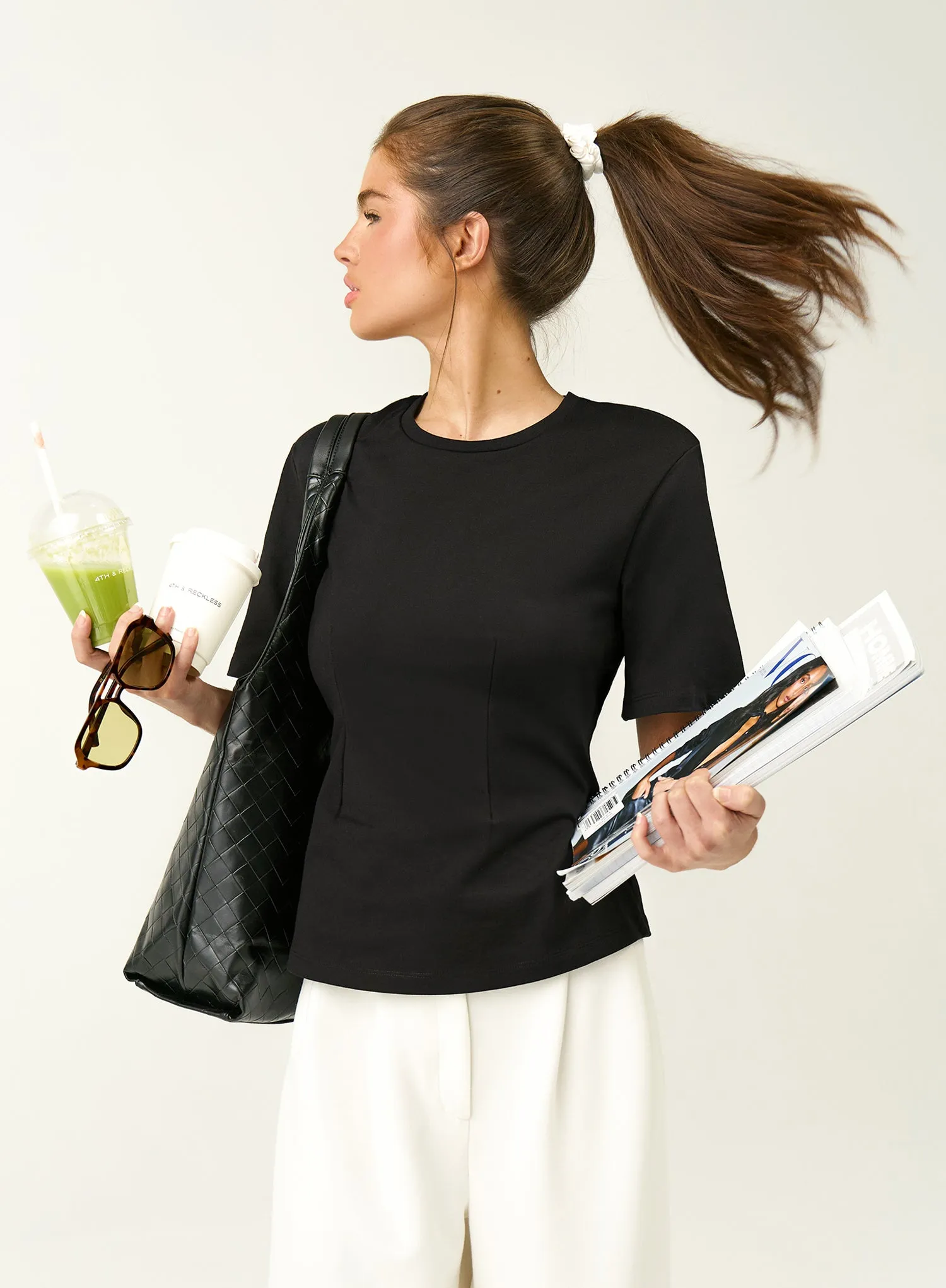 Black Shoulder Pad Cinched Waist T-Shirt sold by 4th and Reckless